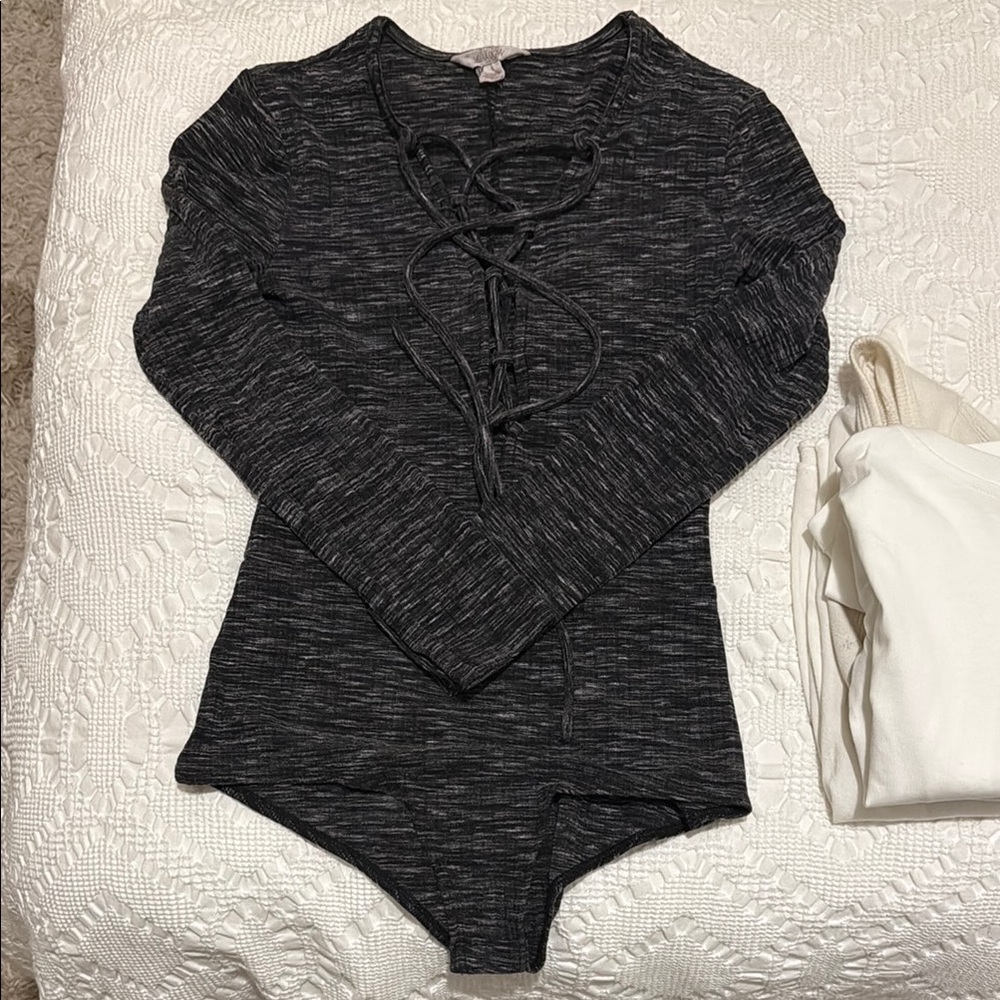 Sun & Shadow Black Tie Front Long Sleeve Bodysuit